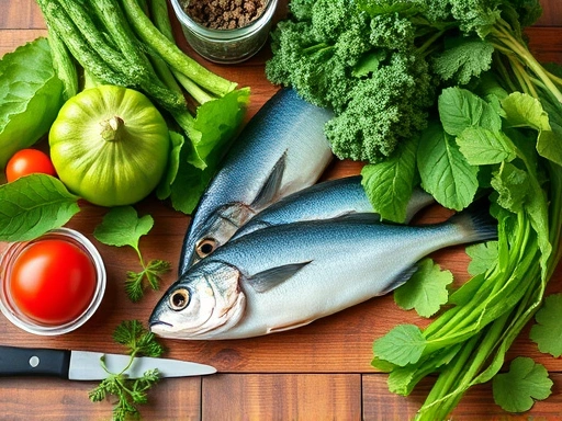 싱싱한 녹색 잎채소와 등푸른 생선이 가득한 식탁, 임신 가능성을 높이는 건강한 식단