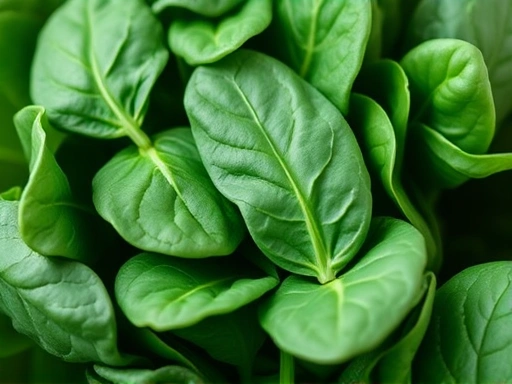 엽산이 풍부한 시금치 클로즈업, 건강한 임신을 위한 필수 영양소 섭취