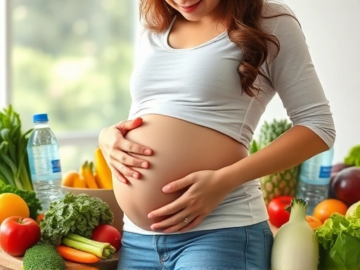 배를 부드럽게 쓰다듬는 편안한 표정의 임산부, 주변에 신선한 과일, 채소, 물병이 놓여 건강한 생활 습관을 상징하는 밝고 희망찬 분위기