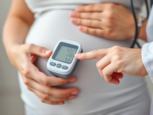 임산부의 손이 혈압계를 잡고 있고 의사의 손이 부드럽게 혈압계 위치를 잡아주는 클로즈업 사진, 정기적인 산전 검진과 전문적인 의료 관리를 강조하는 이미지