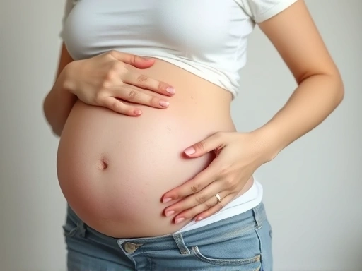 Early pregnant woman gently touching her abdomen, looking thoughtful and reassured, with soft, diffused light, symbolizing understanding of her body's early pregnancy changes and seeking accurate info...