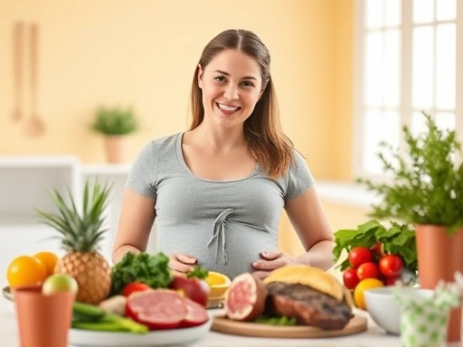 임신한 여성이 건강하게 미소 지으며 신선한 채소와 과일, 붉은 고기가 놓인 식탁에 앉아있는 모습