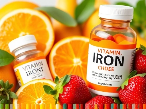 철분 보충제 병과 함께 비타민 C가 풍부한 오렌지, 딸기 등이 클로즈업된 모습