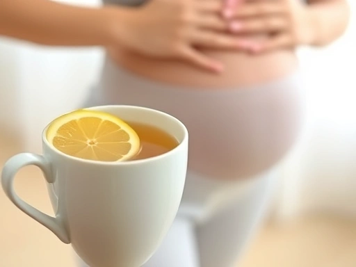 따뜻한 생강차가 담긴 컵과 레몬 조각이 함께 놓여 있는 클로즈업 사진으로, 주변에는 임산부가 가벼운 요가 동작을 하는 모습