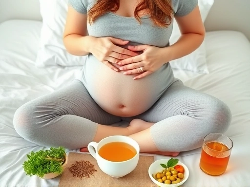 임신한 여성이 편안한 자세로 침대에 기대어 앉아 부드럽게 배를 쓰다듬고 있으며, 주변에는 건강한 식재료와 따뜻한 차가 놓여 있어 임신 중 소화불량을 완화하는 모습