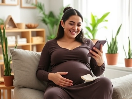임산부가 편안하게 앉아 스마트폰을 멀리 두고 스피커폰으로 통화하며 미소 짓는 모습, 주변에 아기용품과 식물이 있어 안정감을 주는 거실 풍경, 자연 채광이 부드럽게 들어오는 분위기, 임산부 스마트폰 사용 안전 가이드.