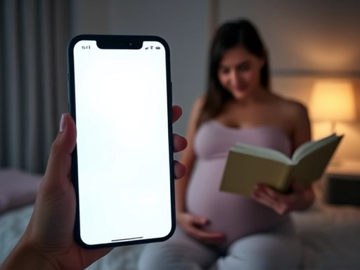 스마트폰 화면에서 나오는 블루라이트를 필터링하는 앱 화면 클로즈업, 임산부가 밤늦게 스마트폰 대신 책을 읽으며 편안하게 잠자리에 들 준비를 하는 모습, 침대 옆 스탠드 조명이 은은하게 비추는 아늑한 침실, 임신 중 디지털 디톡스.
