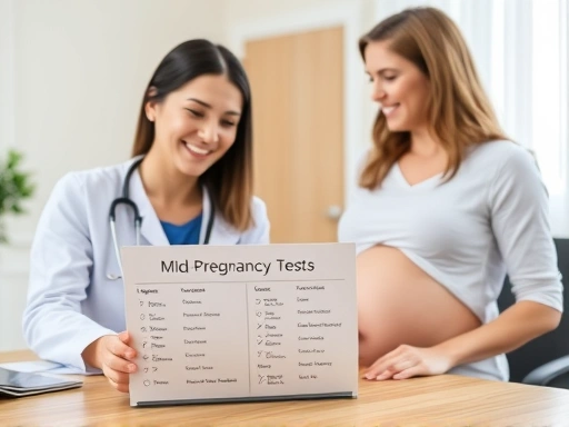 임신 중기 산모가 웃으며 의사와 상담하는 모습