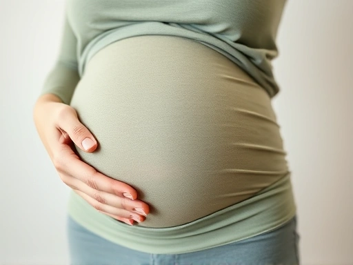임신 중기, 임산부의 불러오는 배를 클로즈업하여 보여주는 사진.