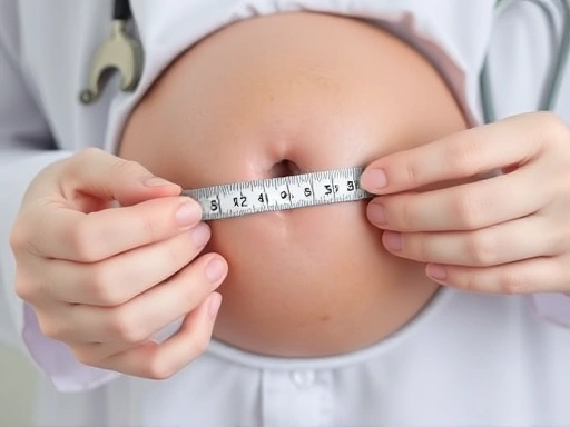 자궁저 높이를 측정하는 의료진의 손을 클로즈업한 이미지