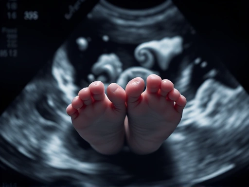 초음파 사진 클로즈업, 아기의 작고 귀여운 손, 발을 강조, 몽환적이고 신비로운 분위기