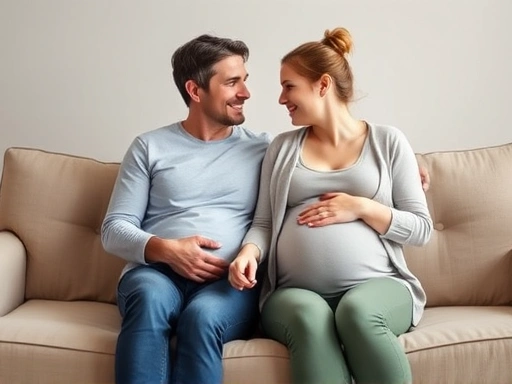 An expectant couple lovingly holding hands and smiling on a comfortable sofa, representing intimacy and comfort during pregnancy. The woman is visibly pregnant, in her second trimester. The image evokes warmth, safety, and mutual support, focusing on the calm and tender atmosphere of their relationship and exploring the safety of sexual activity during pregnancy.