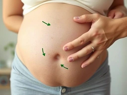 Close-up of a pregnant woman's belly, with a husband's hand gently touching it. This image highlights the protective aspect of the uterus and amniotic sac, symbolizing the safety of the baby during sexual activity in pregnancy, with a focus on connection and gentle touch and emphasizing the natural protection for the baby.