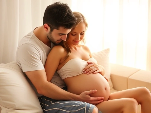 임신 중기 부부가 편안하고 안전하게 성관계를 즐기는 모습
