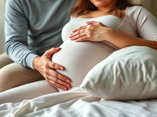 임산부를 배려하는 남편의 따뜻한 손길, 쿠션과 베개를 활용한 편안한 자세 클로즈업