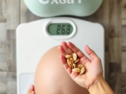 임신 중기 산모가 자신의 체중을 재는 클로즈업 장면