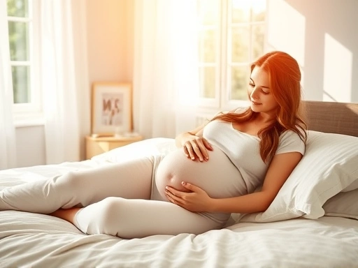 임산부가 편안한 자세로 침대에 누워 배를 가볍게 쓰다듬으며, 아기와의 첫 태동을 기다리는 평화롭고 따뜻한 순간.