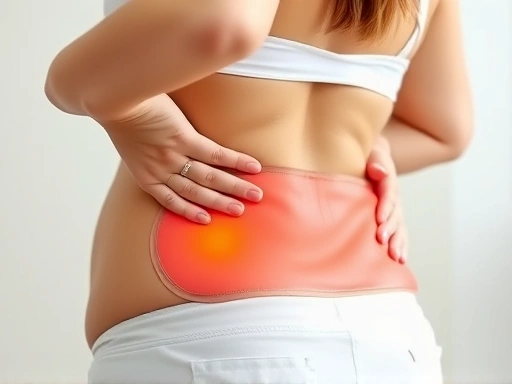 따뜻한 찜질팩을 허리에 대고 있는 임산부의 클로즈업, 편안한 표정, 허리 통증 완화