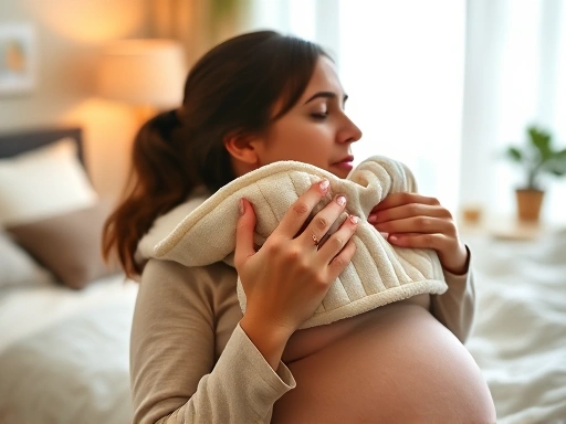 임산부가 목과 어깨에 따뜻한 찜질팩을 대고 편안하게 쉬는 모습, 클로즈업된 손이 온화하게 찜질팩을 잡고 있으며, 배경은 아늑한 침실, 임신 스트레스 관리, 두통 완화.