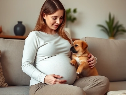 임산부가 집에서 편안하게 강아지를 쓰다듬으며 교감하는 모습