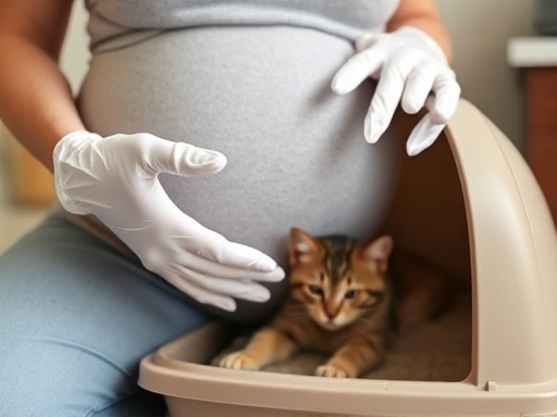 고양이 화장실 청소 시 위생 장갑을 착용한 임산부의 손 클로즈업, 청결하고 안전한 느낌 강조
