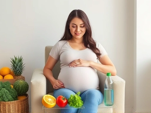 아름다운 임산부가 다양한 섬유질이 풍부한 채소와 과일, 물을 옆에 두고 편안한 표정으로 의자에 앉아 있는 모습