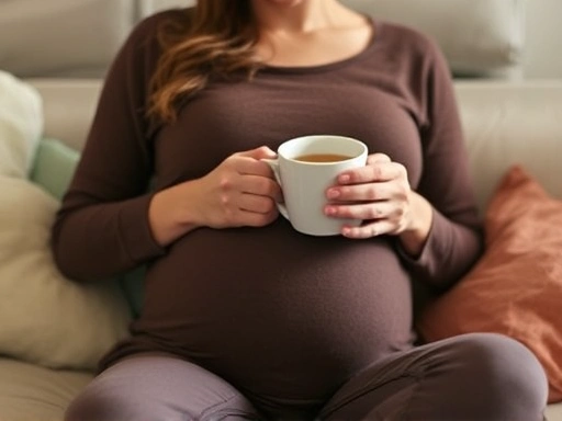 임산부가 편안하게 앉아 따뜻한 차를 마시며 속쓰림을 완화하는 모습