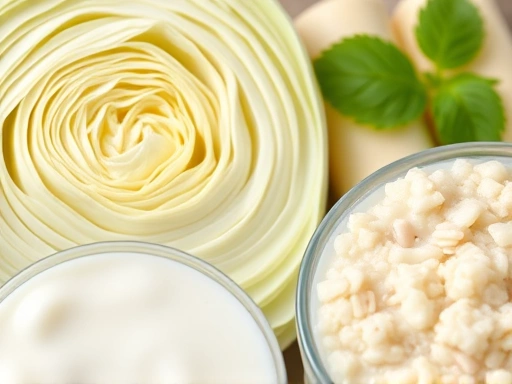 속쓰림 완화에 좋은 양배추, 우유, 죽 등 건강한 음식 클로즈업, 신선하고 먹음직스러운 느낌 강조