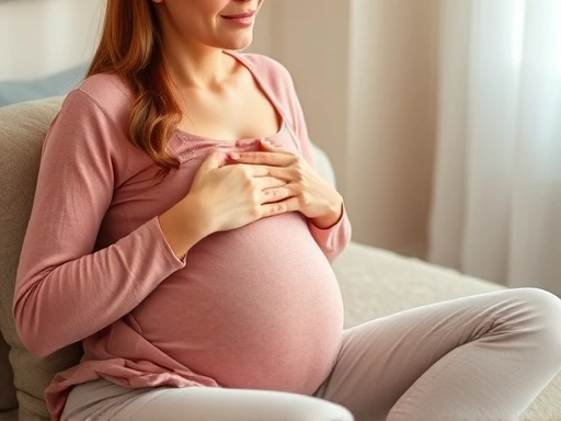 임산부가 편안하게 앉아 심호흡을 하며 심계항진을 완화하는 모습