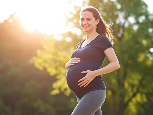 따뜻한 햇살 아래 평온하게 걷고 있는 임산부의 전신 모습