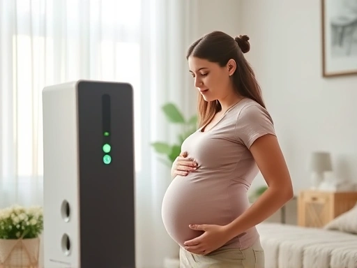 임산부가 실내에서 공기청정기를 사용하여 알레르기 유발 물질을 제거하는 모습
