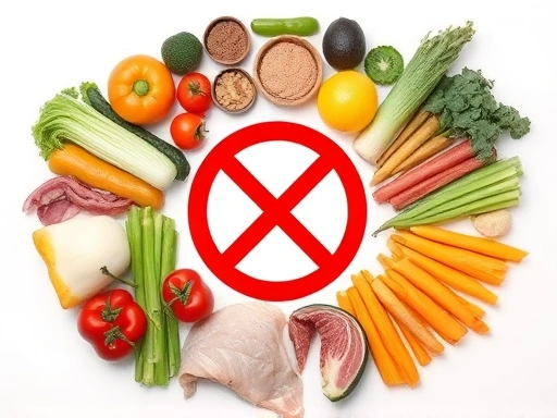 다양한 종류의 음식이 원형으로 배열되어 있고, 몇 가지 음식에는 금지 표시가 되어 있는 모습