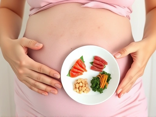 임산부가 배를 어루만지며 건강한 음식을 선택하는 손 클로즈업.