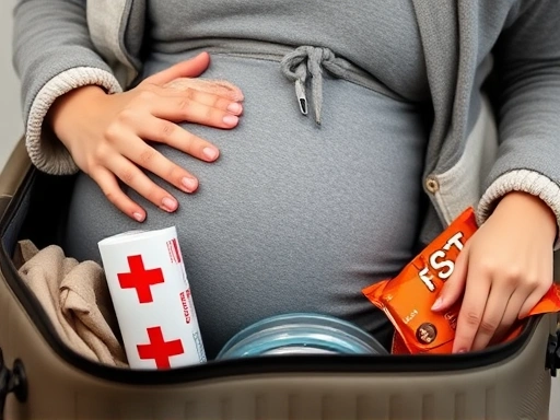 임산부 여행 가방 클로즈업, 필수 준비물인 편안한 옷, 상비약, 간식 상세 묘사