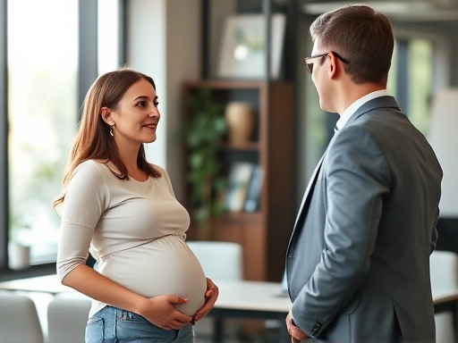 직장에서 임신 사실을 알리는 여성이 상사와 대화하는 장면