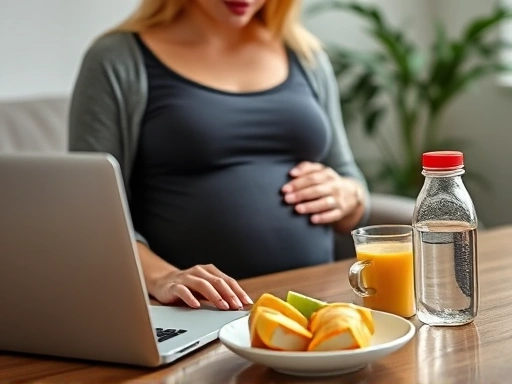 임신한 여성이 노트북 앞에서 편안한 자세로 일하는 클로즈업 장면