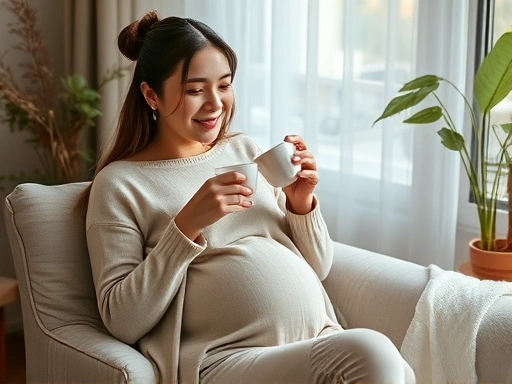 임신 초기 여성이 편안한 표정으로 앉아 차를 마시며 휴식을 취하는 모습