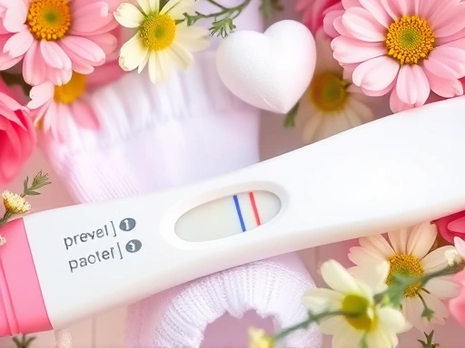 임신 테스트기 클로즈업, 두 줄이 선명하게 나타나 있고, 주변에 꽃과 아기 양말이 놓여 있는 모습