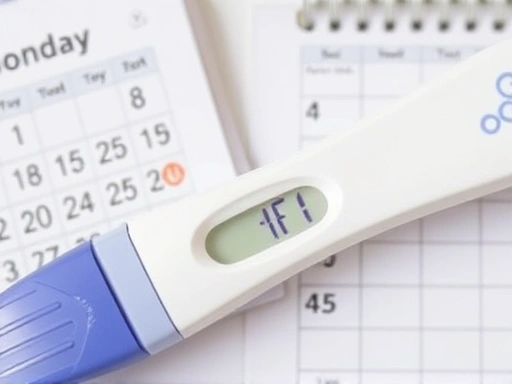 A close-up of a positive pregnancy test next to a calendar with a marked date, subtly illustrating vaginal discharge changes (abstractly, not graphically), representing monitoring early pregnancy sign...