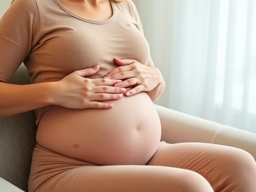 임산부가 편안하게 앉아 배를 쓰다듬으며, 복부팽만감 완화 방법을 찾아보는 따뜻한 분위기