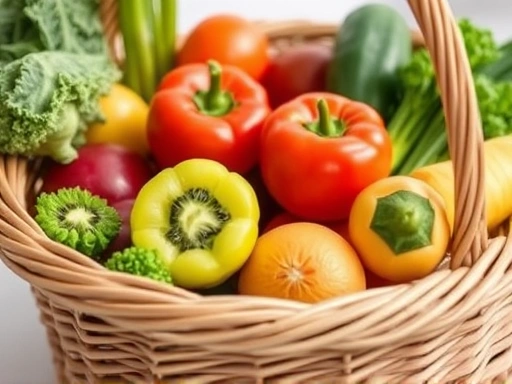 섬유질이 풍부한 신선한 과일과 채소가 담긴 바구니를 클로즈업하여, 임신 초기 식단 조절의 중요성을 강조하는 이미지