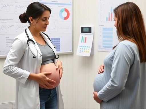임신 초기에 산부인과 의사가 임산부에게 복통 관련 설명을 해주는 모습