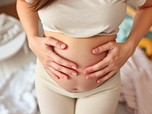 임신 초기에 여성이 아랫배에 손을 얹고 걱정스러운 표정을 짓고 있으며, 주변에 아기 관련 물품들이 있는 장면