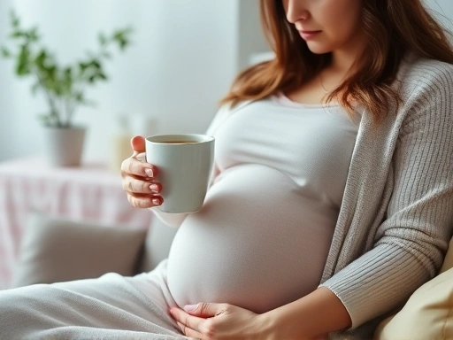임신 초기 설사로 고생하는 임산부, 따뜻한 차를 마시며 편안하게 쉬는 모습
