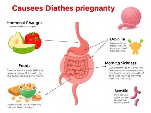 임신 초기 설사 원인: 호르몬 변화 그래프, 입덧 음식 그림, 장내 세균 시각화, 상세 묘사