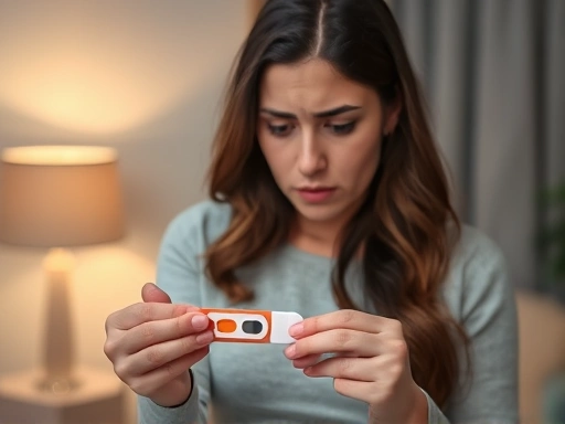 임신 초기 여성, 소변 검사 키트 들여다보며 걱정스러운 표정 짓는 모습