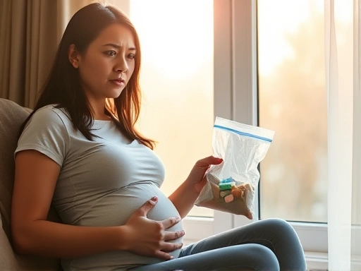 창가에 앉아 약 봉투를 들고 걱정스러운 표정으로 고민하는 임산부의 모습, 배경에는 따뜻하고 부드러운 햇살이 드리워진 실내 전경이 보이며 임신 초기 약물 복용의 고민을 담고 있습니다.