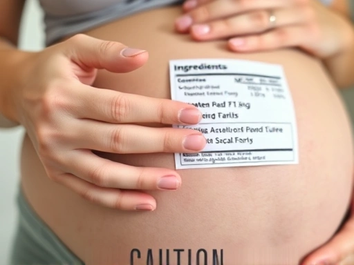 약물 라벨의 성분표를 꼼꼼히 확인하는 임산부의 손이 클로즈업된 장면, '주의'라고 쓰여진 작은 글씨에 초점이 맞춰져 임신 중 약물 복용 주의점을 강조하고 있습니다.