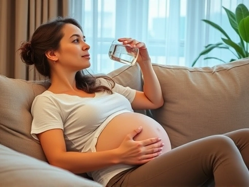 임신 초기 여성이 소파에 앉아 물을 마시며 휴식을 취하는 모습