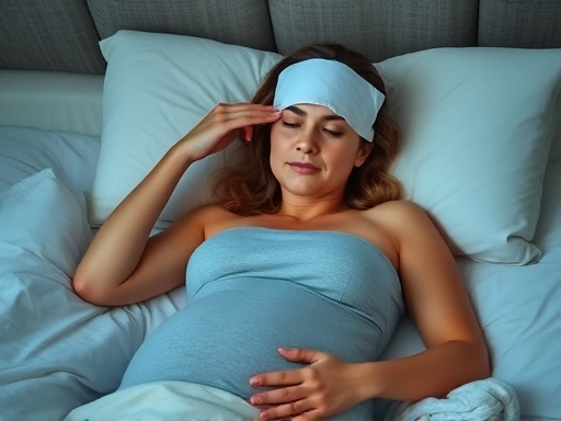 Pregnant woman resting in bed with a cool compress on her forehead, managing fever.